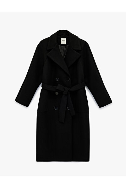 Koton Belted Cashmere Coat Double-Breasted Buttons Long Sleeve with Pockets