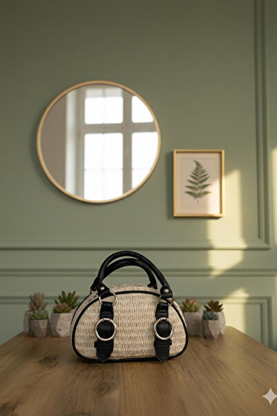 Gebiç Women's Bag Leather Detailed Straw Hand and Shoulder Bag