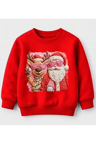 Efendioğlu Design Sweatshirt kalpgözlü geyik ve noel baba baskılı pamuklu 3 i...