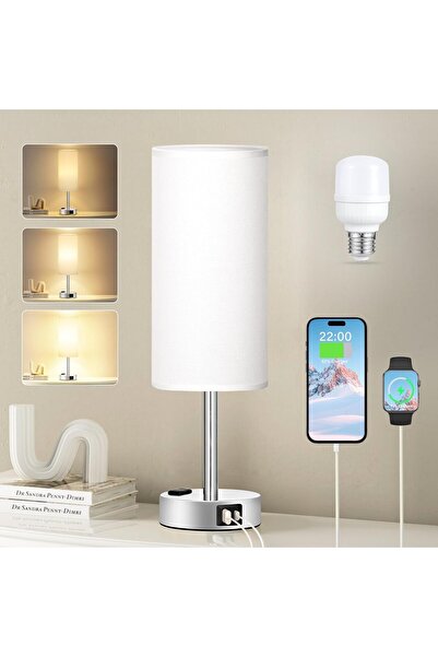 LA' PRECIOUS White Touch Bedroom Table Lamp - 3 Way Dimmable Bedside Lamp USB C A Charging Ports and AC O