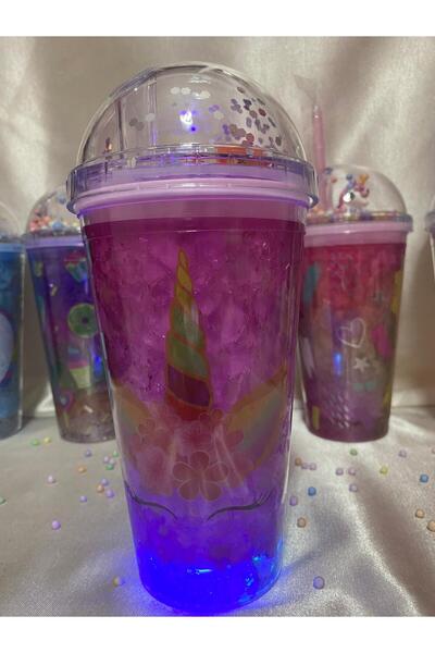 GNR Işıklı Pipetli Buz Görünümlü Unicornlu Suluk Bardak450 ml