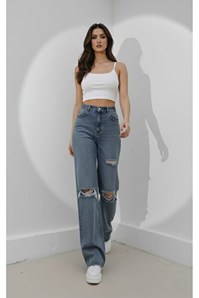 NWC Love 90`S Stretch Fabric Casual Women's Black 3 Ripped Super High Bel Wid...