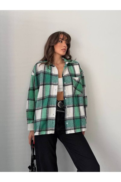 BE CHİC Cămașă flanel pentru femei, cu carouri, cu buzunare, croială oversize, lejeră, SGT1008
