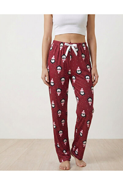 Pijahane Burgundy Penguin Patterned Pajama Bottoms