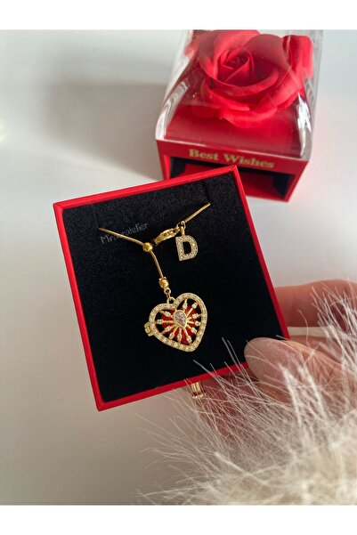 Miraura Atelier Kırmızı Güllü Çekmeceli Takı Kutusunda Harfli Çelik Zincir Aç...