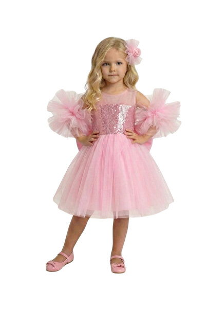 Ceylin Fashion Devojčica, večernja haljina sa pompon rukavima, šljokicama i n...