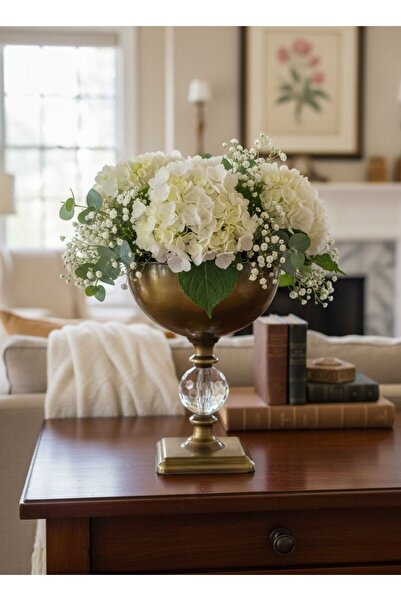 VAZO DEKOR Kristal Gövdeli Eskitme Metal Sunumluk ve Çiçek Vazosu