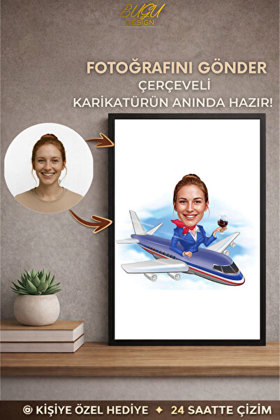 Bugucreative Kişiye Özel Hostes Karikatürü Çerçeveli Tablo,Hediyelik Karikatü...