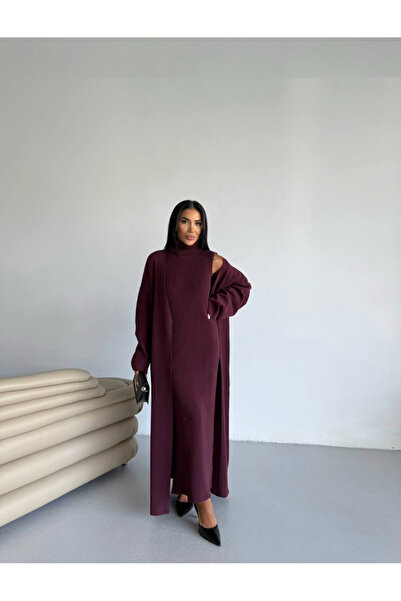 HOPE AND ME Burgundy Corded Fabric Turtleneck Dress Cardigan Set
