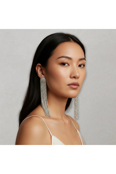 Dorvina Abiye Küpe Zirkon Taşlı Su Yolu Gümüş Silver Renk Sallantılı Püsküllü Uzun Kadın Parti Küpe