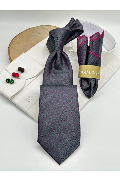 Gutiero Black Purple Patterned Classic Tie with Handkerchief