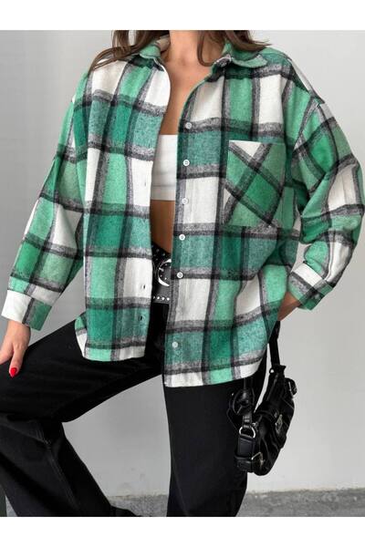 BE CHİC Women's Pocketed Oversize Loose Cut Plaid Woodcutter Shirt Sgt1008