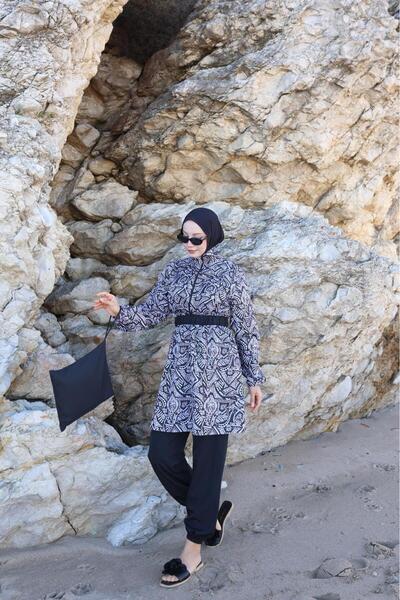new ats Black and White Ethnic Patterned Hijab Swimsuit Set Zehra