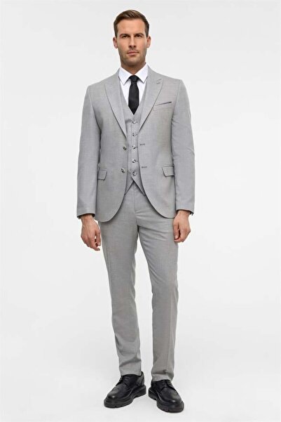 SÜVARİ Gri Slim Desenli Sivri Yaka 6 Drop Yelekli Takım Elbise