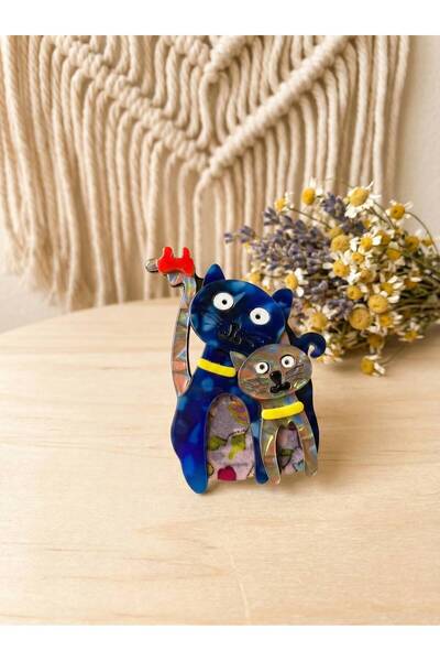 GKCBijoux Anne ve Yavru Kedi Figürlü Broş - Çanta Aksesuarı Bohem Takı