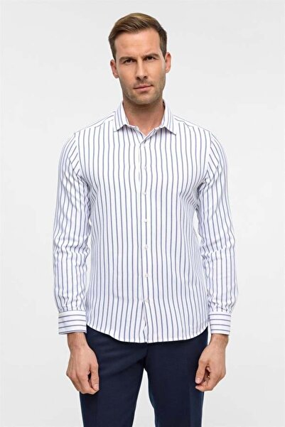 SÜVARİ Mavi Slim Çizgili Klasik Yaka Gömlek