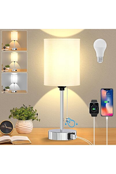 LA' PRECIOUS Table lamp for Bedroom, 3 Color Temperatures Bedside Lamps with USB C and A Ports, Pull Chain