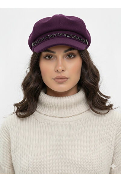 STELLA VESTİNO Kaşe Kadın Kaptan Şapka - Zincir Detaylı Baretta