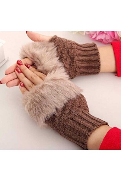 Generic قفازات شتوية بدون أصابع قصيرة قفازات دافئة محبوكة بفتحة الإبهام مع الفرو للنساء