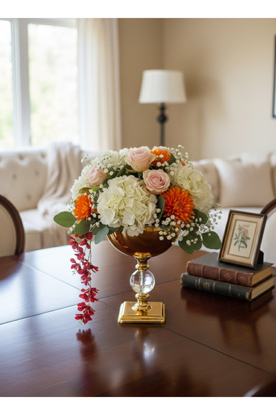 VAZO DEKOR Kristal Gövdeli Eskitme Gold Metal Sunumluk ve Çiçeklik