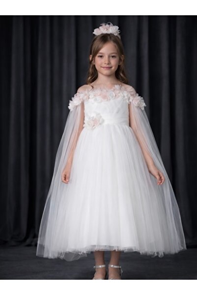 Laurella çiçek işlemeli premium tül kız çocuk abiye/gelinlik