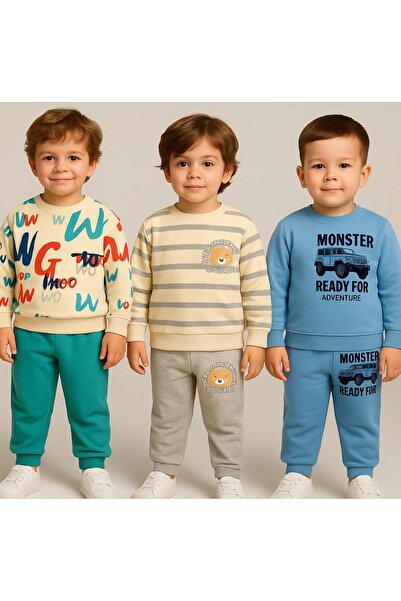 MİLANO KİDS Boy's Printed Bottom Top Tracksuit 3-Piece Set