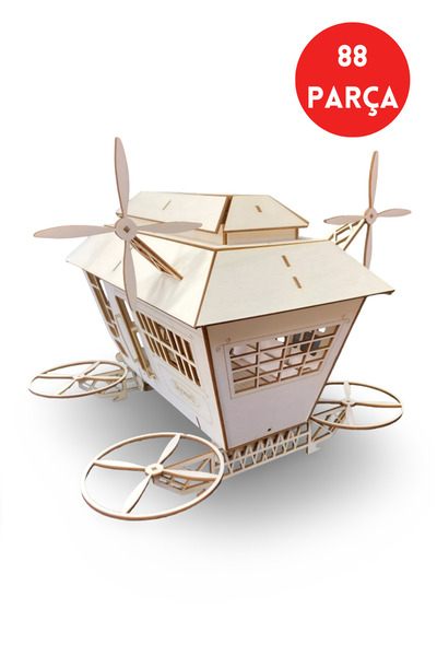 ALGWOOD Vernes Sky Uçan Ev Temalı Ahşap Maket - 88 Parça Lazer Kesim Dekorati...