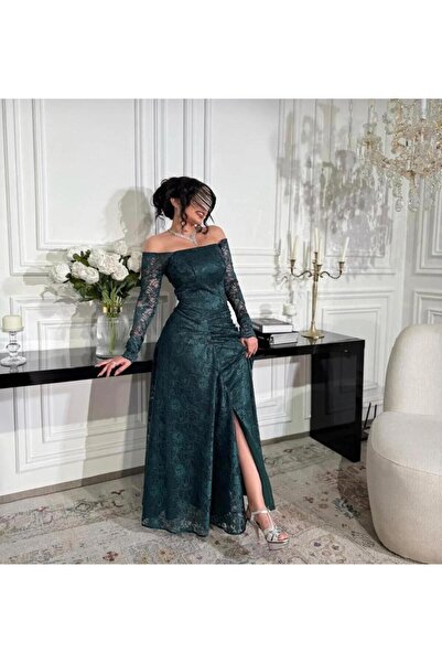 ELHAM FASHION Off-shoulder lace evening dress with a side slit