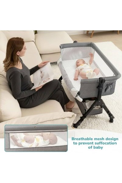 TREND MIX 3-in-1 baby cot, side-to-side for mothers' beds, with reclining position for anti-reflux protection, foldable and portable, with wheels.