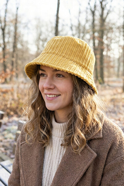 Kapin Kadife Hardal Bucket Kova Şapka