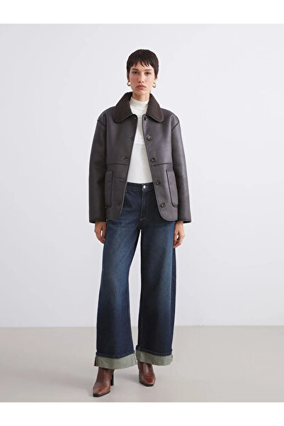 LC Waikiki Brown Plush Shirt Collar Women's Leather-Look Coat