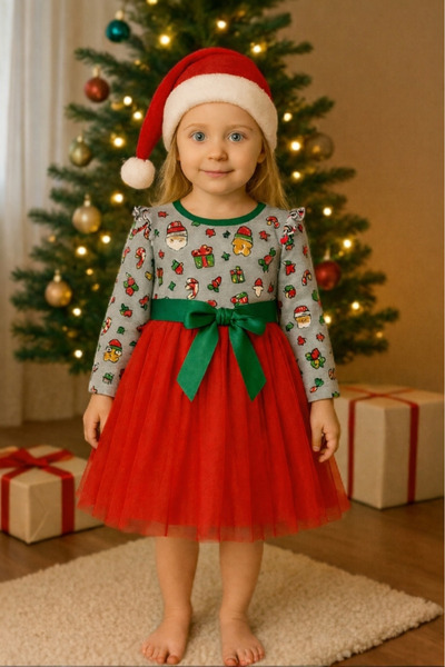 HEPSİMİNNAK Kız Çocuk Kırmızı Tütülü Yılbaşı Noel Elbise Parti Girl Child Chr...