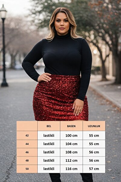 FOR ESRA BIG TREND Kadın Büyük Beden Pul Payet Bel Lastik Arka Yırtmaç Astarlı Kısa Etek