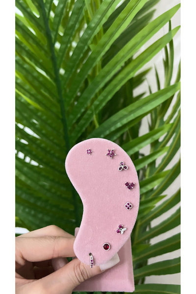 STİL NOKTA Çelik Tragus Pıercing 8 Adet Zirkon Mıhlama Taşlı Pembe Renkli Kar...