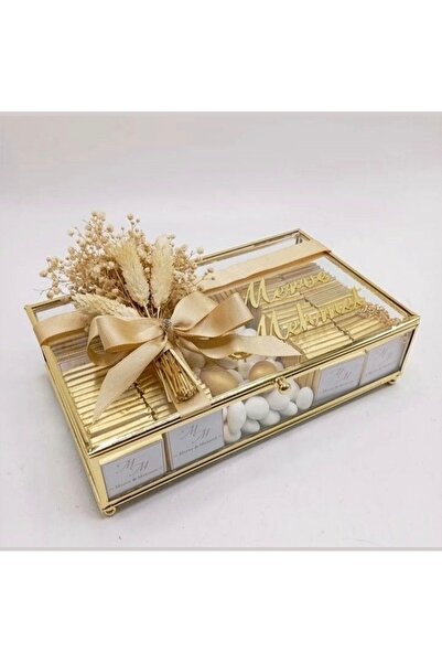Mila Tasarım Kişiye Özel Gold Cam Kutu Çikolata & Badem Şekeri Seti Söz Nişan...