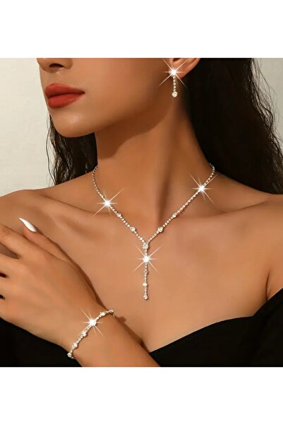 Mihra Aksesuar Irene Necklace Earrings Bracelet Three-Piece Set Gift Jewelry Set