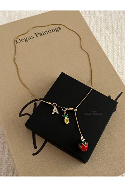 RAREE Çilek, ananas ve zirkon harfli çelik asansörlü y kolye hediyelik