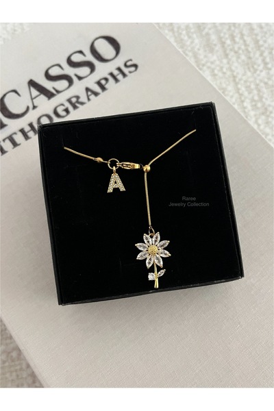 RAREE Papatya ve zirkon harfli çelik asansörlü y kolye hediyelik