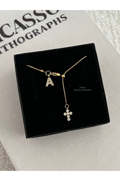 RAREE Mini haç ve zirkon harfli çelik asansörlü y kolye hediyelik