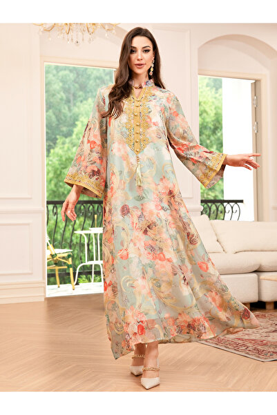 FridayIn Elegant style High collar Jacquard Flowers Embroidery Tassel Flared sleeve Kaftan