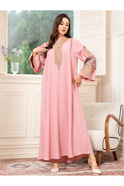 FridayIn Elegant style V-neck Solid color Embroidery Regular sleeve Kaftan