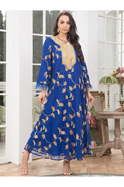 FridayIn Elegant style Splicing pattern Ribbon Net yarn Tassel Belt Regular sleeve Kaftan