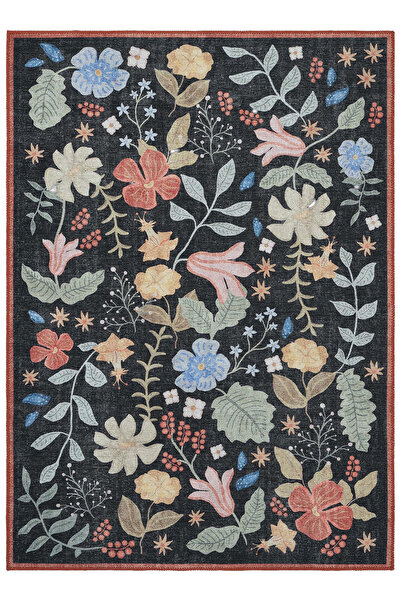 Cool Halı Florence Siyah Kırmızı Renkli Çiçekli Otantik Makinada Yıkanabilir Dokuma Salon Oturma Odası Halısı