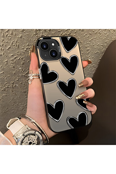 ucuc iPhone 13/14 Uyumlu Silikon Kenar Sert Arka Anti Düşme Kılıfı Kalp Desen