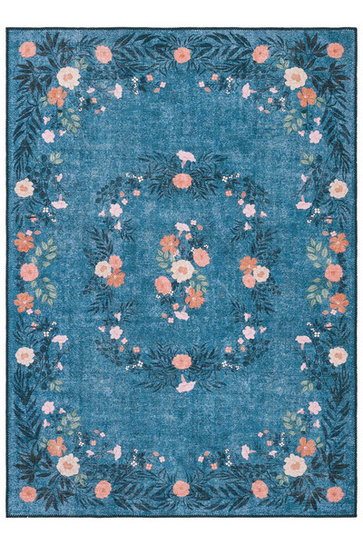 Cool Halı Florence Mavi Pembe Çiçekli Eskitme Otantik Yıkanabilir Dokuma Şöni...