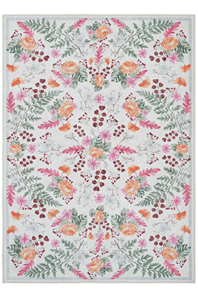 Cool Halı Florence Krem Turuncu Renkli Çiçekli Eskitme Bohem Yıkanabilir İnce...