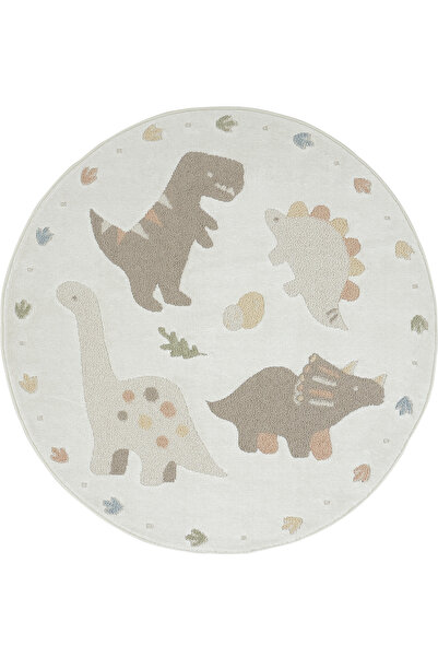 Cool Halı Smile Yuvarlak Krem Dinazor Figürlü Yumuşak Parlak Doku Makina Doku...