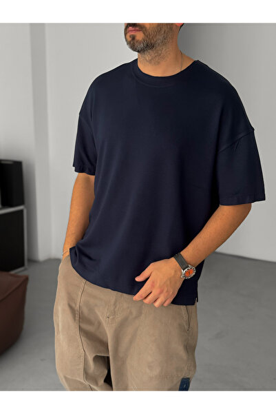 BYBASICMAN تي شيرت من قماش المودال باللون الأزرق الداكن قماش قابل للتمدد قصة فضفاضة BY-722