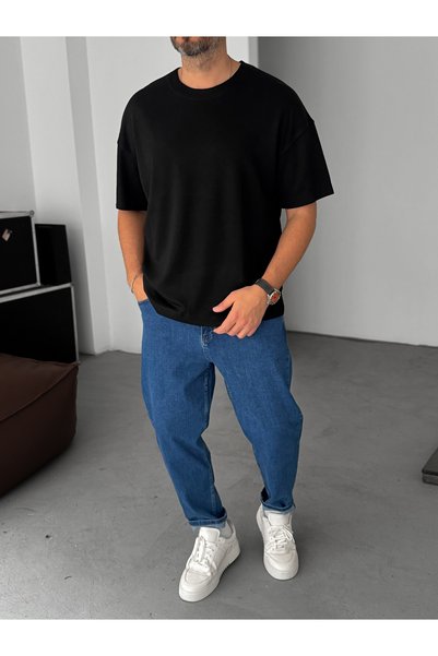 BYBASICMAN Țesătură modală neagră material elastic supradimensionat tricou BY-722