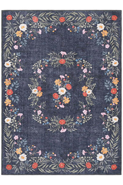 Cool Halı Florence Lacivert Yeşil Çiçekli Dekoratif Bohem Otantik İnce Yıkana...